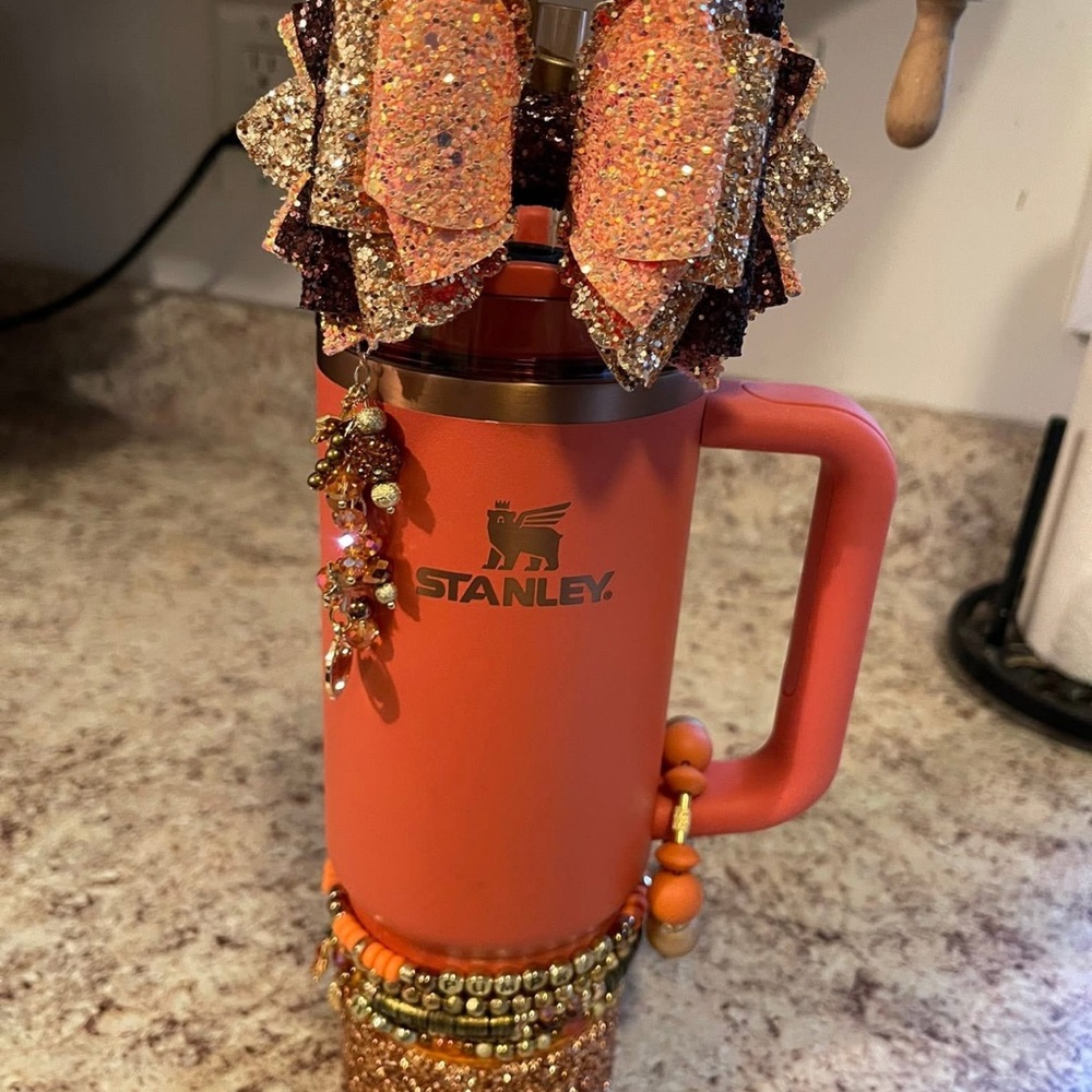 Stanley Orange Tumbler with Glitter Accessories. Pumpkin Spice 30oz